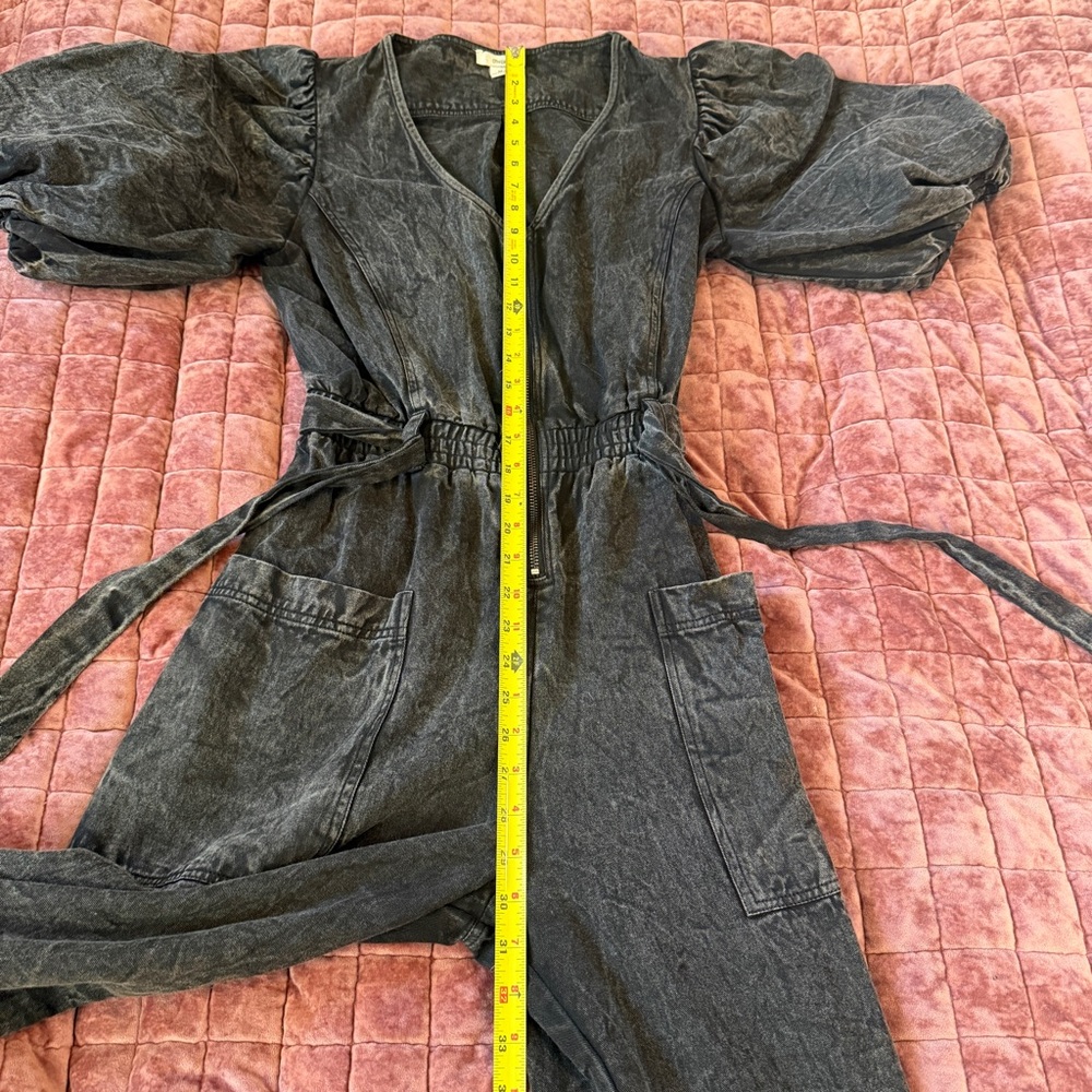 Anthropologie Othilia Acid Wash Puff Sleeve Utility Jumpsuit Charcoal Gray M - Picture 10 of 16